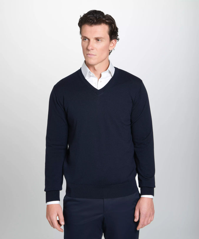 Navy Blue Merino Wool V-Neck Sweater