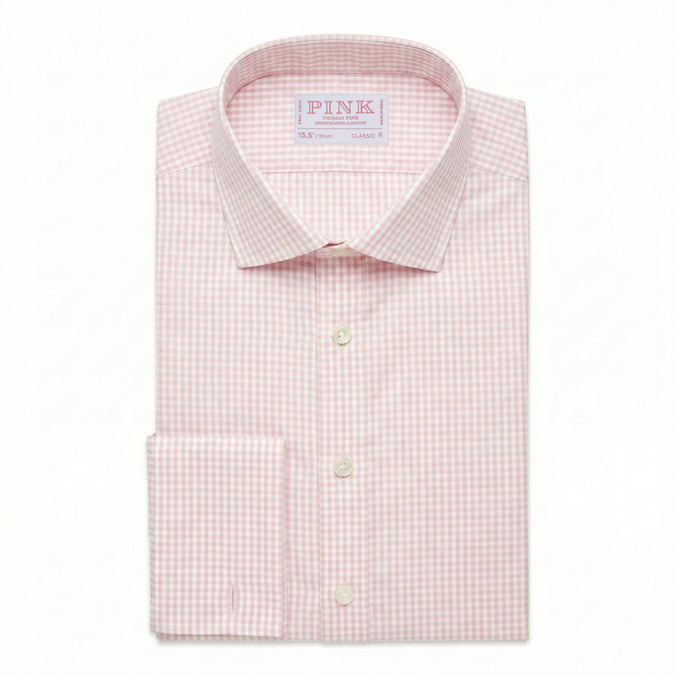 Pale Pink & White Classic Fit Double Cuff Essential Gingham Formal Shirt