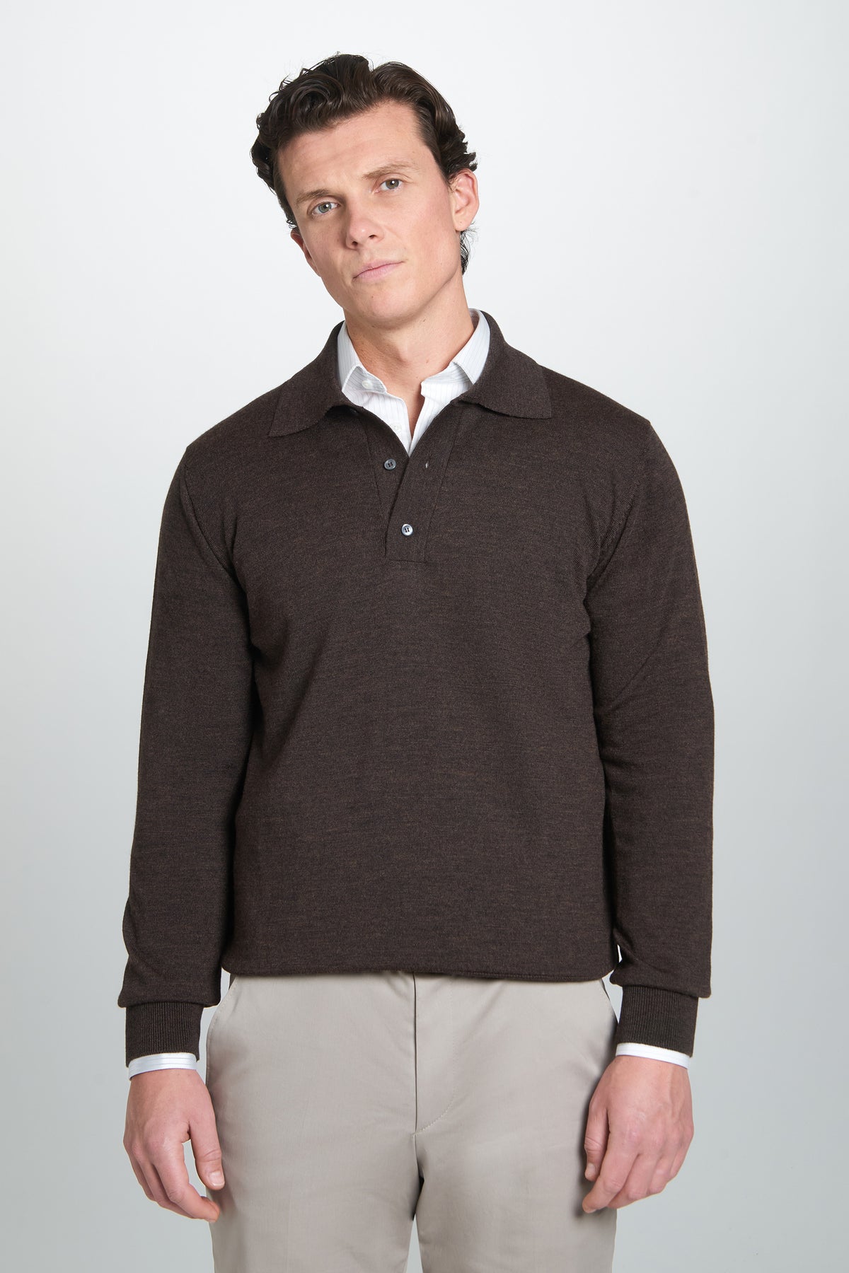 Chocolate Merino Wool Long Sleeve Polo Shirt