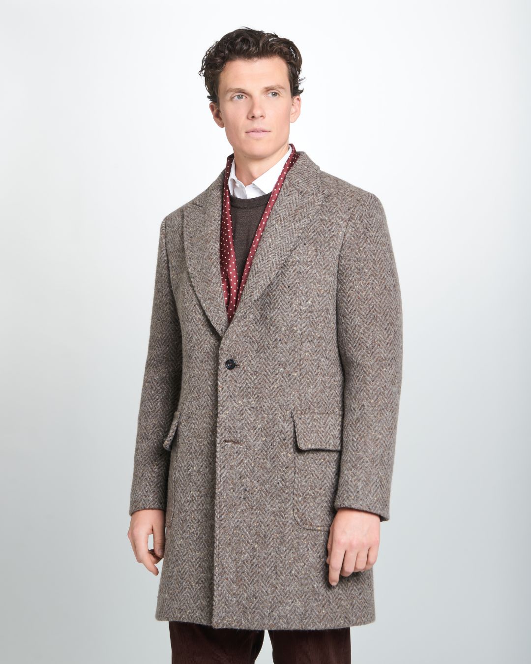 Brown British Wool Herringbone Peak Lapel Overcoat