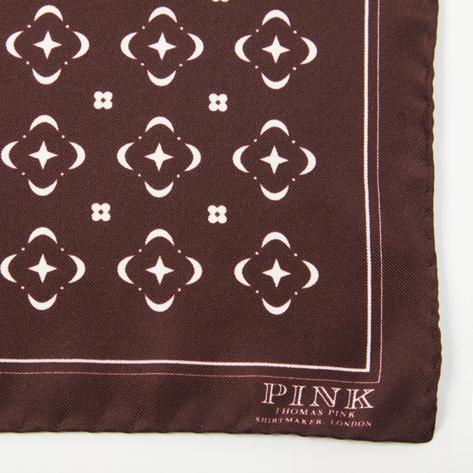 Burgundy Red & Neutral Flower Monogram Printed Silk Pocket Square
