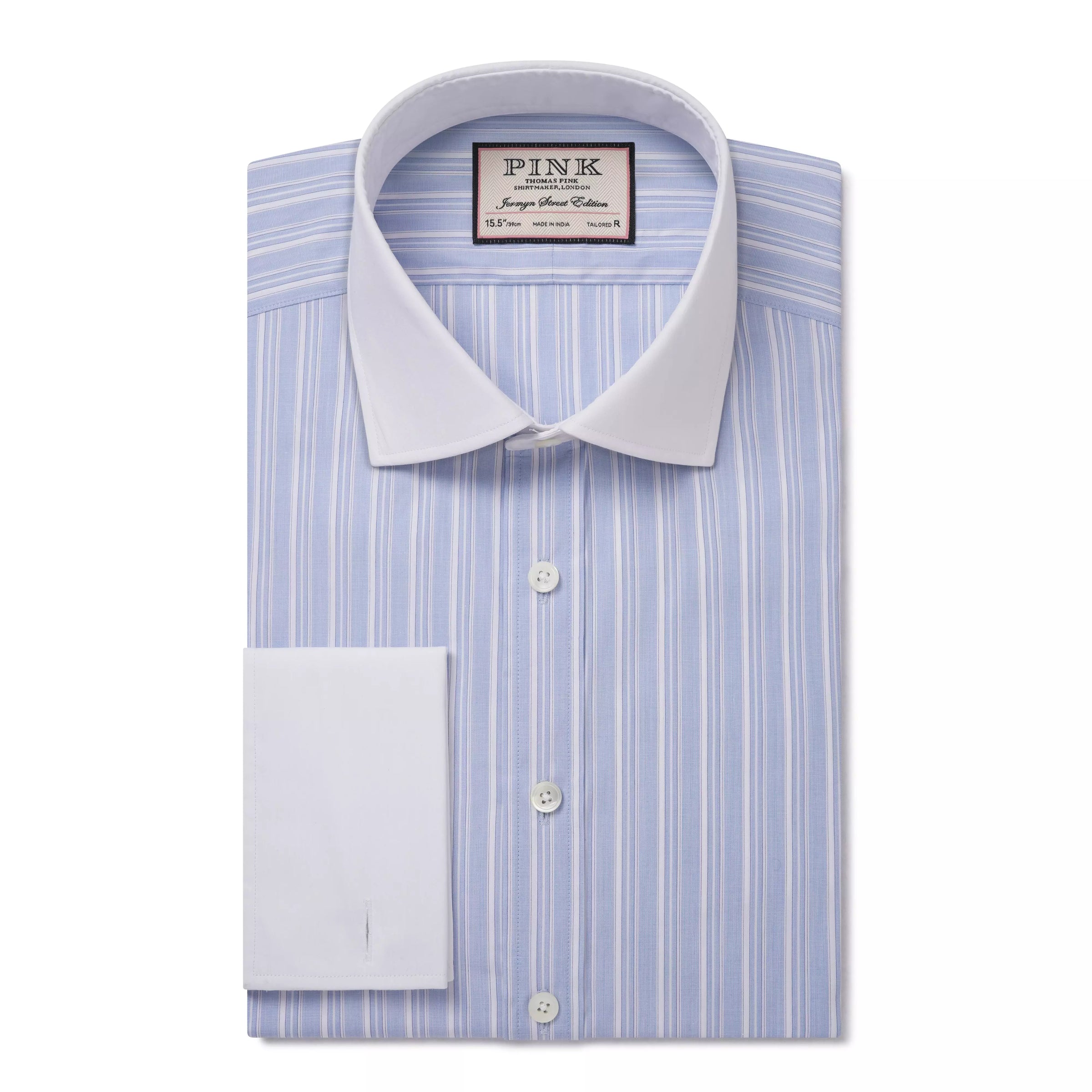 Pale Blue & White Tailored Fit Formal Double Cuff Devonshire Stripe Shirt