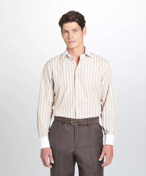Beige & White Classic Fit Double Cuff Butcher Stripe Formal Shirt