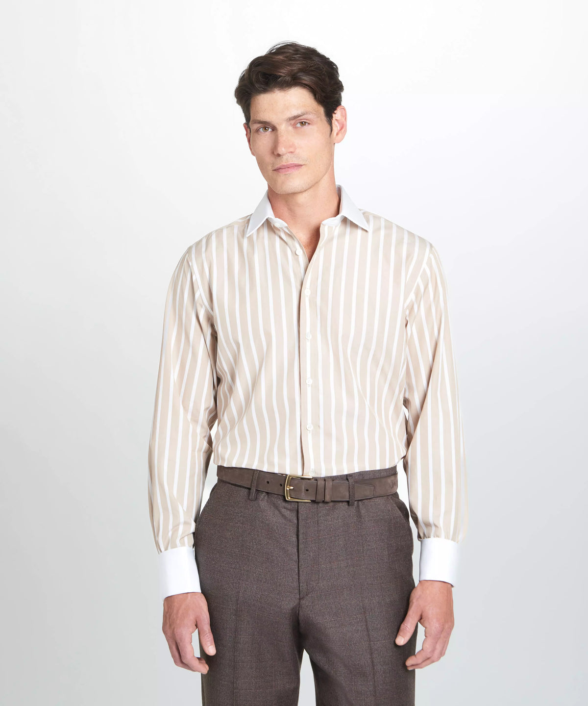 Beige & White Classic Fit Double Cuff Butcher Stripe Formal Shirt
