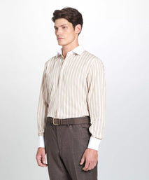 Beige & White Classic Fit Double Cuff Butcher Stripe Formal Shirt