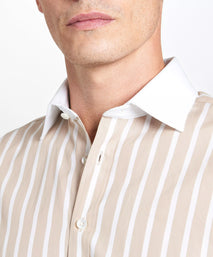 Beige & White Classic Fit Double Cuff Butcher Stripe Formal Shirt
